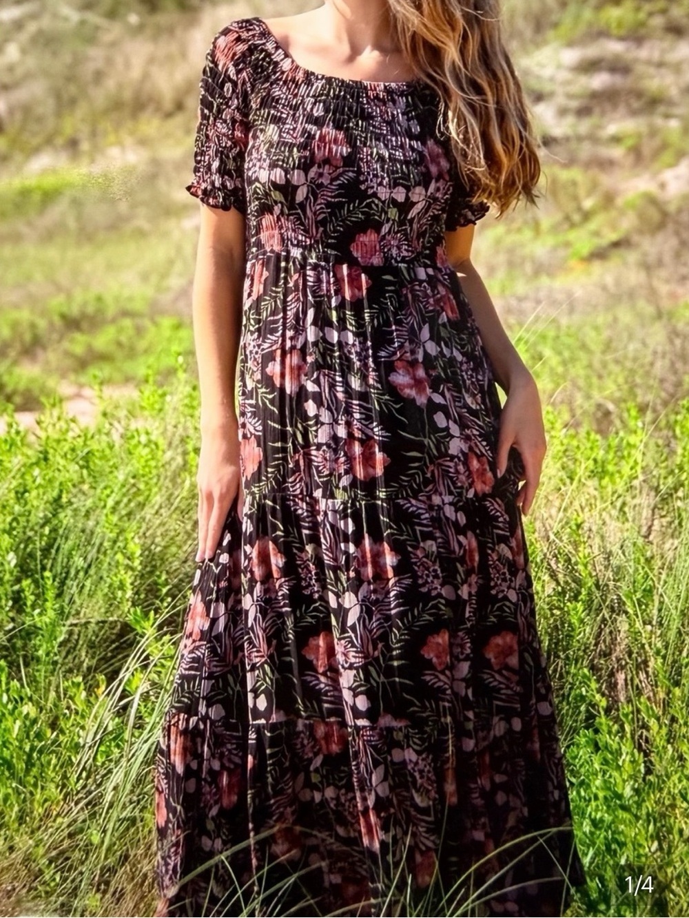 Natural Life Floral Smocked Maxi Dress 
XS/S Boho Cottagecore Rayon Tiered Maxi